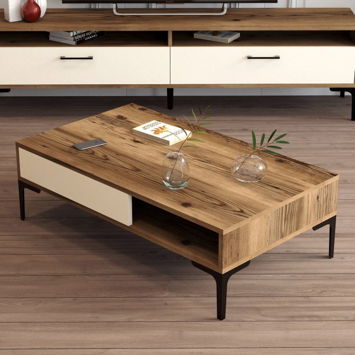 Hanah Home Mesa de Centro Estilo Industrial Walnut, Cream - 105x60x32.6cm