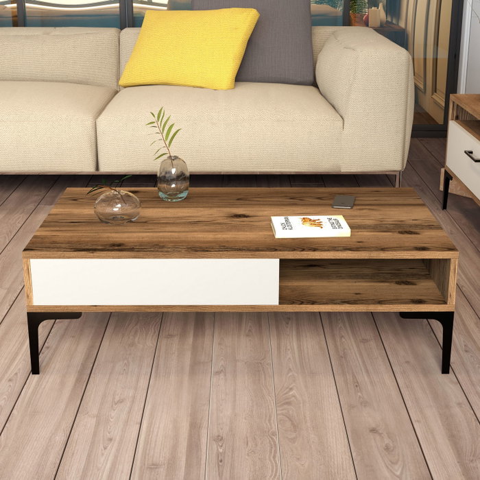 Hanah Home Mesa de Centro Estilo Industrial Walnut, Cream - 105x60x32.6cm