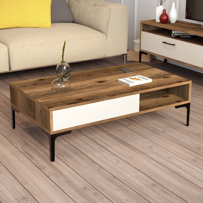Hanah Home Mesa de Centro Estilo Industrial Walnut, Cream - 105x60x32.6cm
