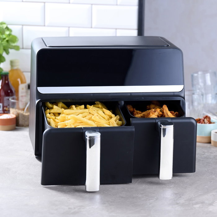 Day Freidora de Aire Doble 2200W, 9.0L (5.5L+3.5L), Doble Cajón con Pantalla Táctil Digital y 8 Programas