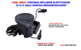 Inflador de piscina para coche 12 V. con 3 válvulas