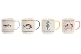 DKD Home Decor Taza Mediterraneo Porcelana New Bone Blanco Azul 8.5 x 10 x 12 cm 12 Unidades