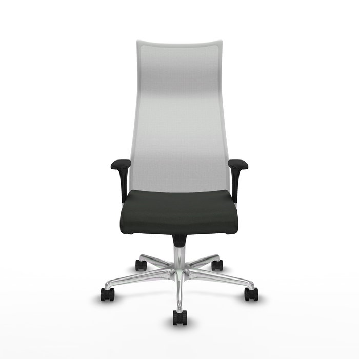 Sillón Albacete con mecanismo Sincro tapizada con Tela color Negro y malla color Blanco. Equipado con Base aluminio, Brazos 1D y Ruedas 65mm nailon