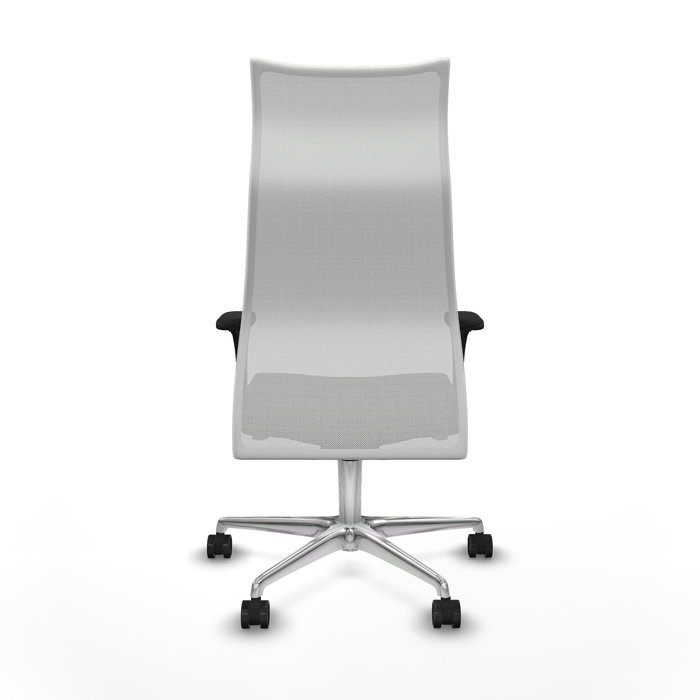 Sillón Albacete con mecanismo Sincro tapizada con Tela color Negro y malla color Blanco. Equipado con Base aluminio, Brazos 1D y Ruedas 65mm nailon