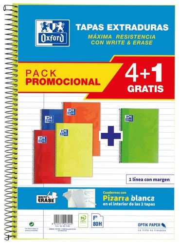 Oxford Pack de 5 Cuadernos School Espiral con Tapas Extraduras y Write&Erase, Folio, Colores Vivos Oxford Pack de 5 Cuadernos School Espiral con Tapas Extraduras y Write&Erase, Folio, Colores Vivos
