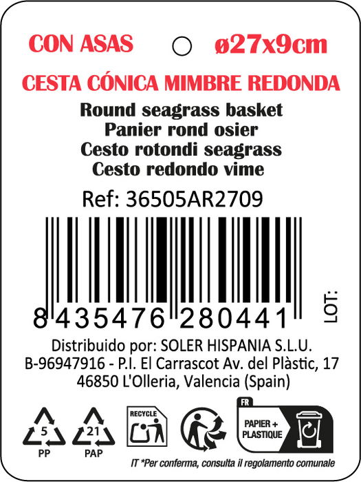 Privilege Cesta Cónica de Mimbre Redonda con Asa Ø27x9 cm (8 Unidades)