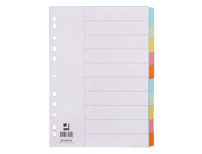 Q-connect Separadores DIN A4 Multitaladro Cartulina, Juego de 10 Unidades, Pestañas Colores Pastel