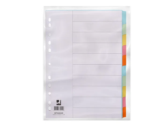 Q-connect Separadores DIN A4 Multitaladro Cartulina, Juego de 10 Unidades, Pestañas Colores Pastel