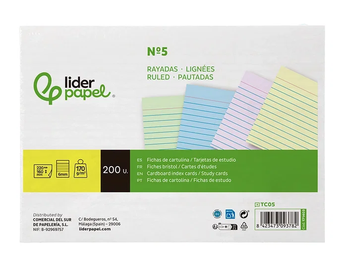 Liderpapel Tarjetas de Estudio Rayadas Cartulina 170gr 160x220mm Paquete de 200 Unidades