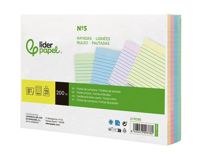 Liderpapel Tarjetas de Estudio Rayadas Cartulina 170gr 160x220mm Paquete de 200 Unidades