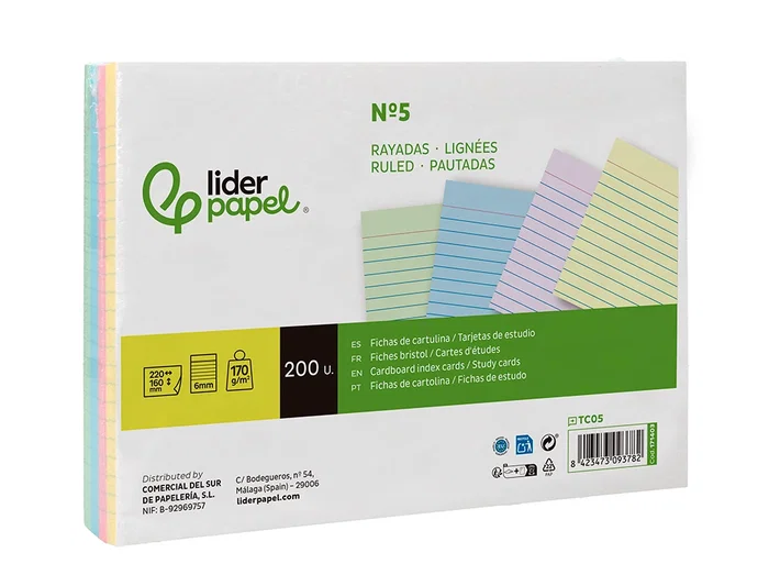 Liderpapel Tarjetas de Estudio Rayadas Cartulina 170gr 160x220mm Paquete de 200 Unidades