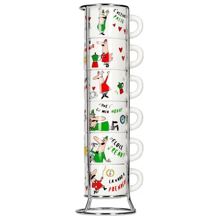 Bialetti Set de 6 Tazas Italia con estructura metálica y diseño Omino Bialetti Set de 6 Tazas Italia con estructura metálica y diseño Omino