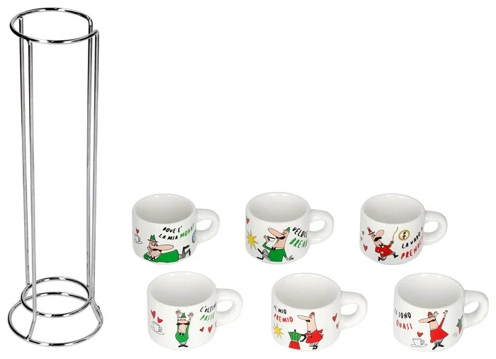 Bialetti Set de 6 Tazas Italia con estructura metálica y diseño Omino Bialetti Set de 6 Tazas Italia con estructura metálica y diseño Omino