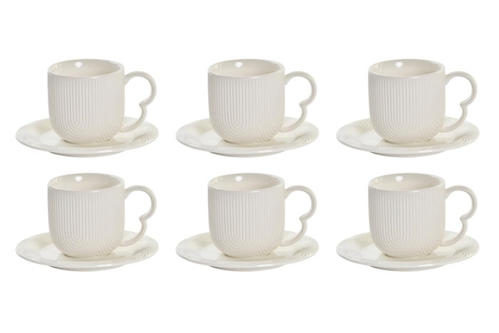DKD Home Decor Set de 6 Tazas de Porcelana y Bambú, Blancas y Naturales, 90ml Capacidad, 12 x 25 x 26 cm