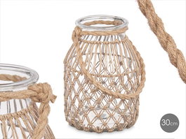 Giftdecor Portavela Vidrio Cuerda Natural Transparente 20 cm x 30 cm x 20 cm (Set de 4)
