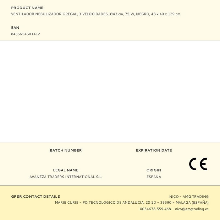 Fulmo Ventilador Nebulizador Gregal Ø43 cm 75W Negro con Mando a Distancia, 3 Velocidades, Temporizador y Depósito 3,2 L