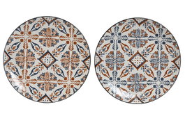 DKD Home Decor Set de 6 Platos Llanos de Porcelana BOHO Surtido Azul, Blanco y Marrón