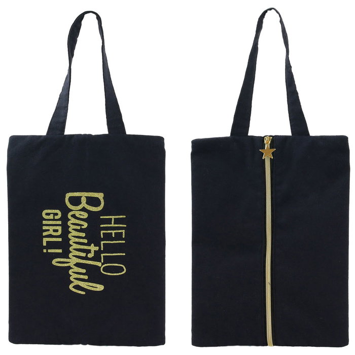 Cosmetic Club Bolsa de Algodón con Mensaje Dorado, Cremallera y Asa, Medidas 30x21 cm, Modelos Surtidos