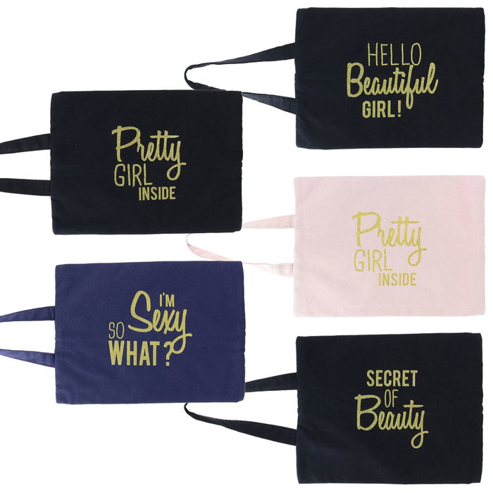 Cosmetic Club Bolsa de Algodón con Mensaje Dorado, Cremallera y Asa, Medidas 30x21 cm, Modelos Surtidos