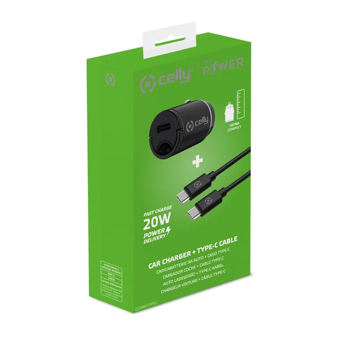 Celly CCMINITYPEC Cargador Coche USB-C PD 20W con Cable USB-C a USB-C Negro, para Smartphone y Tableta