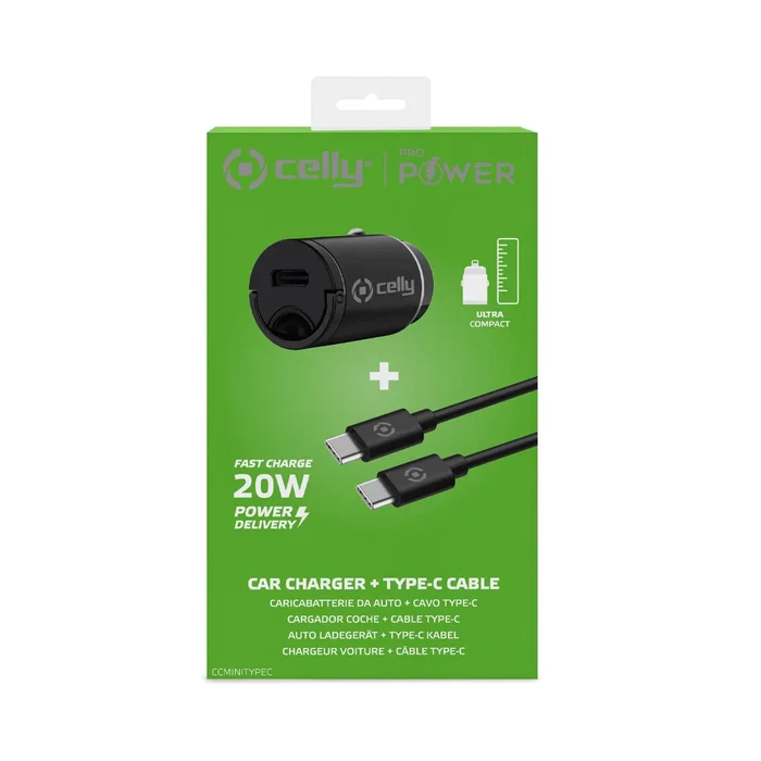 Celly CCMINITYPEC Cargador Coche USB-C PD 20W con Cable USB-C a USB-C Negro, para Smartphone y Tableta