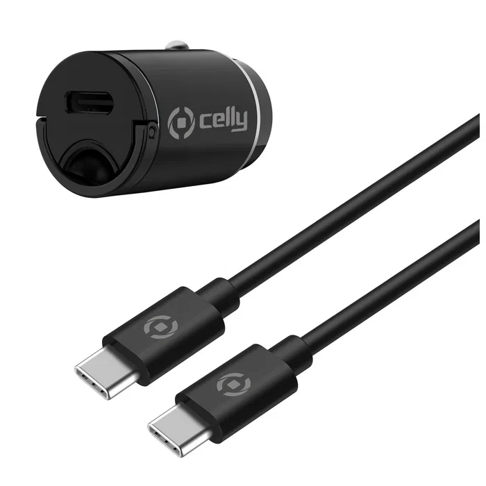 Celly CCMINITYPEC Cargador Coche USB-C PD 20W con Cable USB-C a USB-C Negro, para Smartphone y Tableta