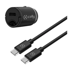 Celly CCMINITYPEC Cargador Coche USB-C PD 20W con Cable USB-C a USB-C Negro, para Smartphone y Tableta