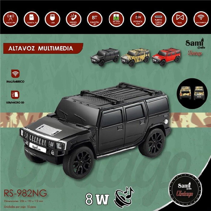 SAMI Altavoz Vintage Hummer Rojo Multimedia 8W con Luces LED, Negro - Altavoz Sami Vintage Hummer Rojo Multimedia 8W Luces Negro
