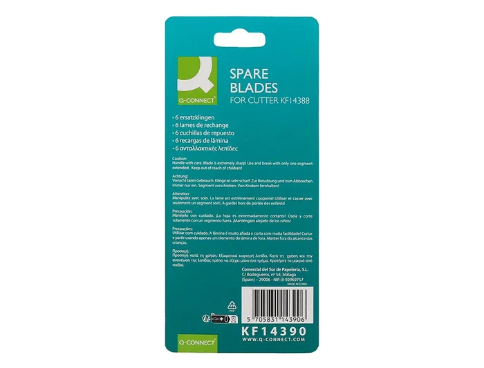 Q-connect Repuesto Cúter Metálico Estrecho Cuchilla Cerámica 9 mm Blíster 6 Unidades para Modelo KF14388 Q-connect Repuesto Cúter Metálico Estrecho Cuchilla Cerámica 9 mm Blíster 6 Unidades para Modelo KF14388