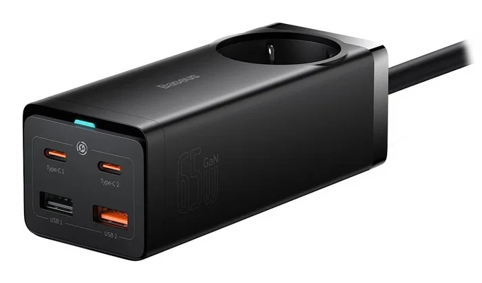 Baseus PSZM000901 Adaptador de Corriente para Escritorio con 4 Puertos USB, Incluye Cable Tipo-C, 65W Power Delivery, Color Negro