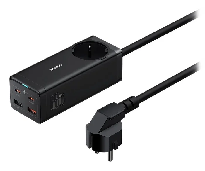 Baseus PSZM000901 Adaptador de Corriente para Escritorio con 4 Puertos USB, Incluye Cable Tipo-C, 65W Power Delivery, Color Negro