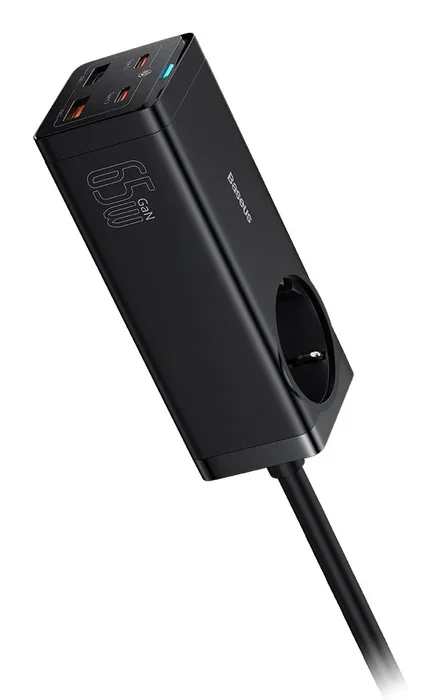 Baseus PSZM000901 Adaptador de Corriente para Escritorio con 4 Puertos USB, Incluye Cable Tipo-C, 65W Power Delivery, Color Negro