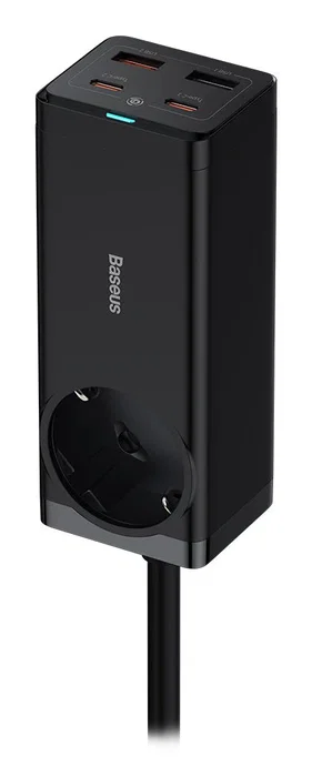 Baseus PSZM000901 Adaptador de Corriente para Escritorio con 4 Puertos USB, Incluye Cable Tipo-C, 65W Power Delivery, Color Negro