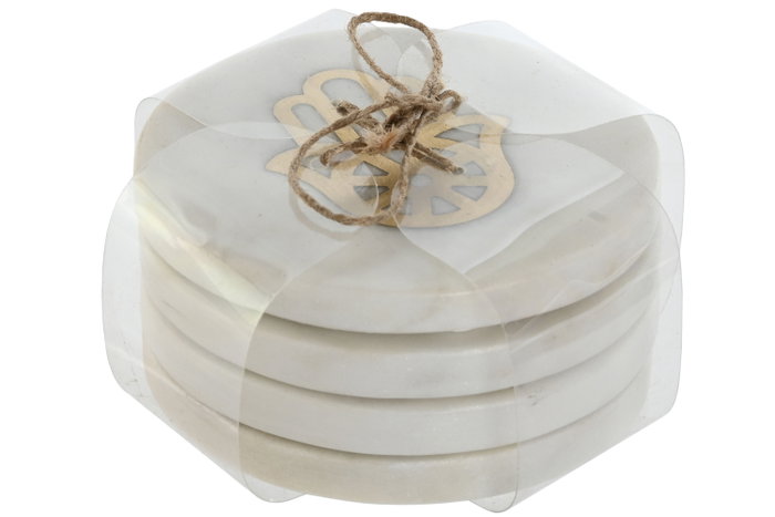 DKD Home Decor Set de 4 Posavasos de Mármol y Latón Hamsa Natural