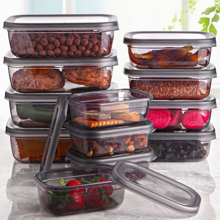 Hermia Lot-12 Juego de Cajas de Almacenamiento con Tapa, Set de 12 Piezas, Plástico Transparente Libre de BPA, Organizador para Hogar y Cocina, Varios Tamaños