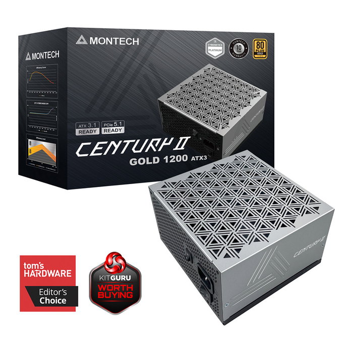 Montech CENTURY II 1200W Fuente de Alimentación ATX 3.1 80 Plus Gold, Totalmente Modular, 1200 Watt, 1x 12-Pin High Power GPU, 6x PCIe, Ventilador de 135 mm, Plata/Negro