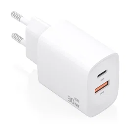 AISENS Cargador GaN 30W con USB-C PD3.0 y USB-A QC3.0 - Blanco