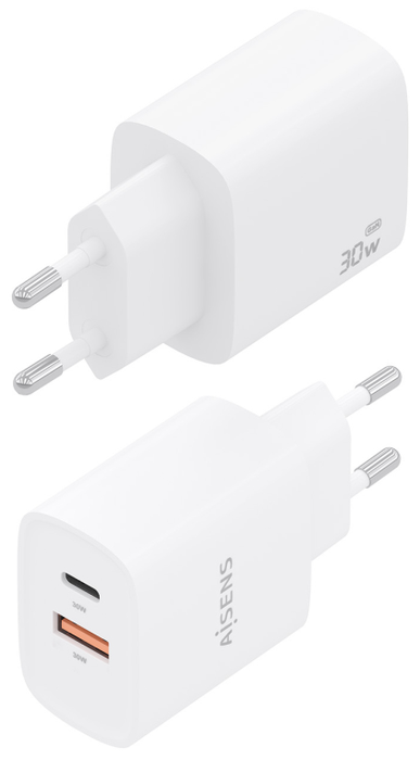 Aisens Cargador GaN 30W con USB-C PD3.0 y USB-A QC3.0 Blanco Aisens Cargador GaN 30W con USB-C PD3.0 y USB-A QC3.0 Blanco