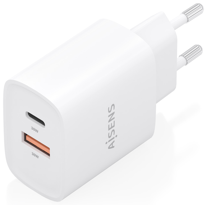 Aisens Cargador GaN 30W con USB-C PD3.0 y USB-A QC3.0 Blanco Aisens Cargador GaN 30W con USB-C PD3.0 y USB-A QC3.0 Blanco