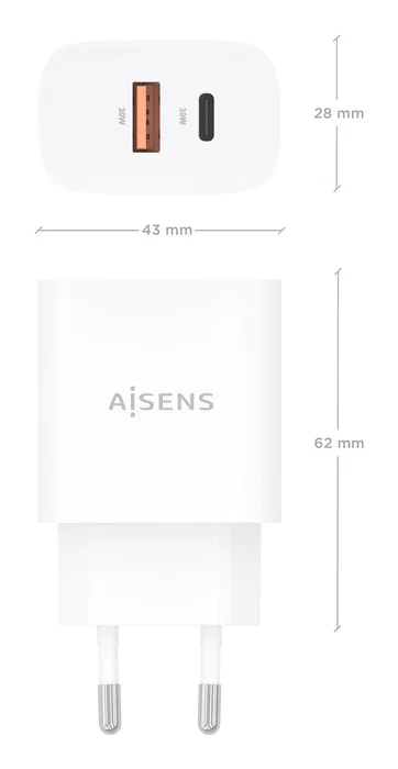 Aisens Cargador GaN 30W con USB-C y USB-A Blanco