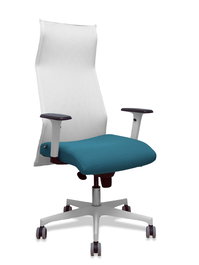 Sillón Albacete con mecanismo Sincro tapizada con Tela color Verde petróleo y malla color Blanco. Equipado con Base poliamida blanca, Brazos 1D y Ruedas 65 mm parqué