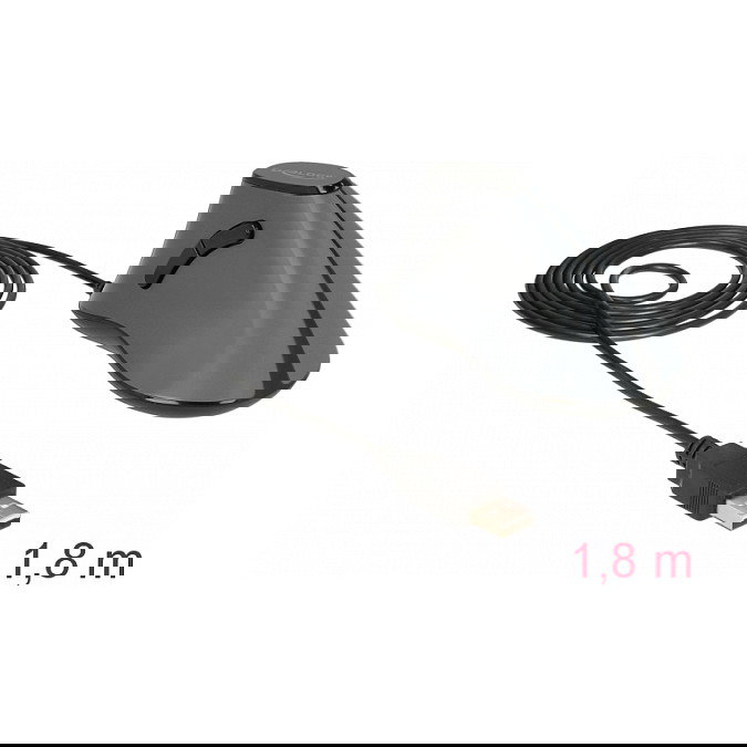 DeLOCK Ratón Ergonómico Vertical Óptico 12527 para Mano Derecha, 5 Botones, 800 DPI, Cable USB de 1.8m, Color Negro y Gris, Para Oficina y PC