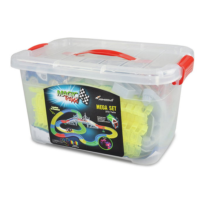 AMEWI Magic Trexx 373 Piezas - Circuito de Carreras con Caja para Niños - Set Multicolor de Construcción y Juego