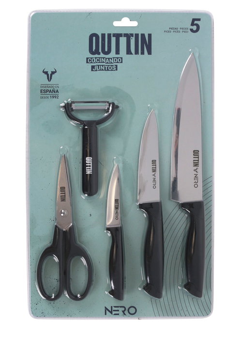 Quttin Set 5 Piezas Cuchillos Pelar Oscuros y Tijera Nero (4 Cajas)
