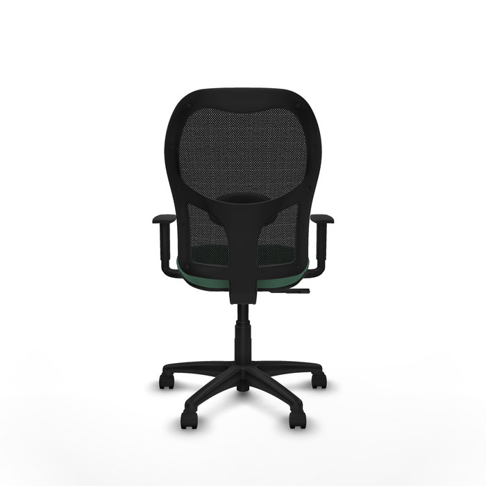 Silla de oficina Alocén con mecanismo Sincro tapizada con Tela color Verde esmeralda y malla color Negro. Equipada con lumbar 1D, Brazos 1D y Ruedas de nailon 50 mm
