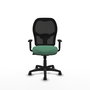 Silla de oficina Alocén con mecanismo Sincro tapizada con Tela color Verde esmeralda y malla color Negro. Equipada con lumbar 1D, Brazos 1D y Ruedas de nailon 50 mm