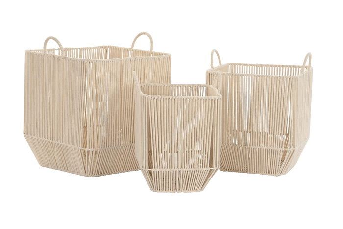DKD Home Decor Set de 3 Cestas de Algodón y Metal en Beige DKD Home Decor Set de 3 Cestas de Algodón y Metal en Beige