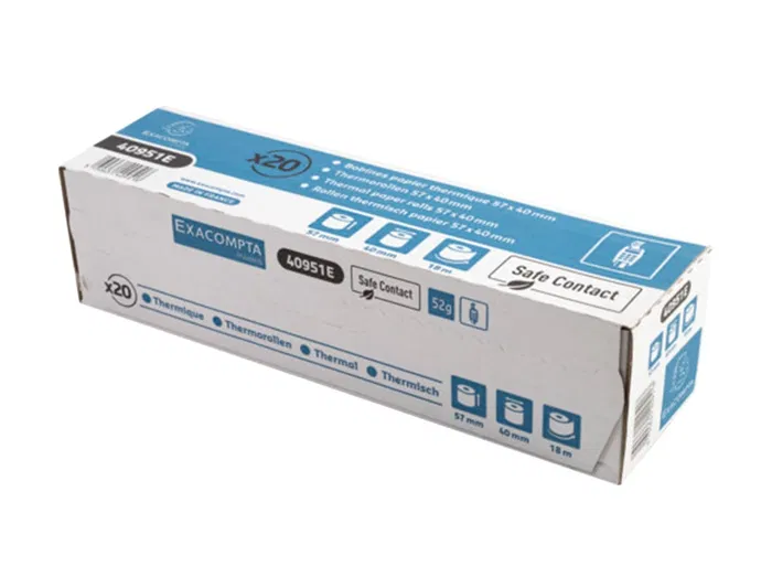 Exacompta Rollo Térmico SafeContact 57x40 mm 52 g/m² para TPV y Tarjetas Visa, Papel sin BPA Apto para Contacto con Alimentos, Reciclable, Certificado FSC