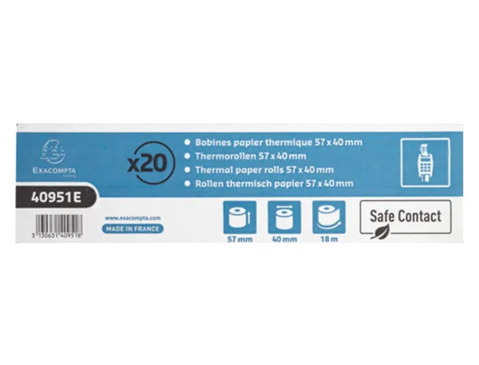 Exacompta Rollo Térmico SafeContact 57x40 mm 52 g/m² para TPV y Tarjetas Visa, Papel sin BPA Apto para Contacto con Alimentos, Reciclable, Certificado FSC