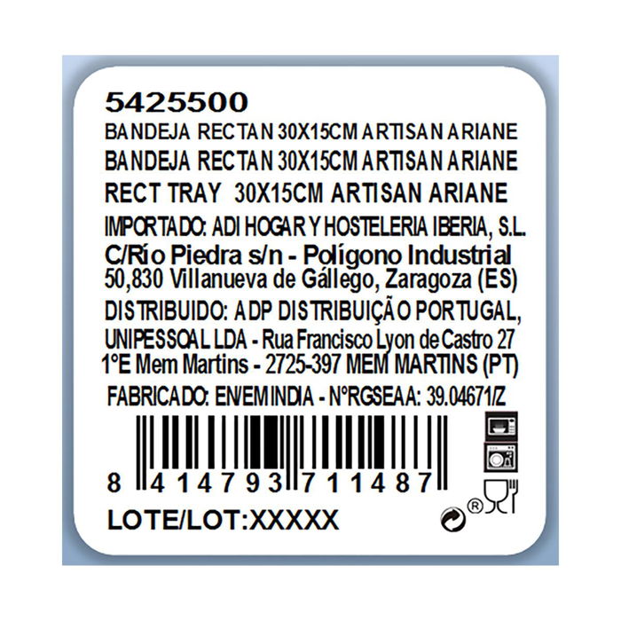 Bandeja Rectangular Porcelana Reforzada Artisan Ariane 30x15 cm